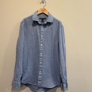 Michael Kors Linen Blue button down houndstooth with Roll-tab sleeves, S